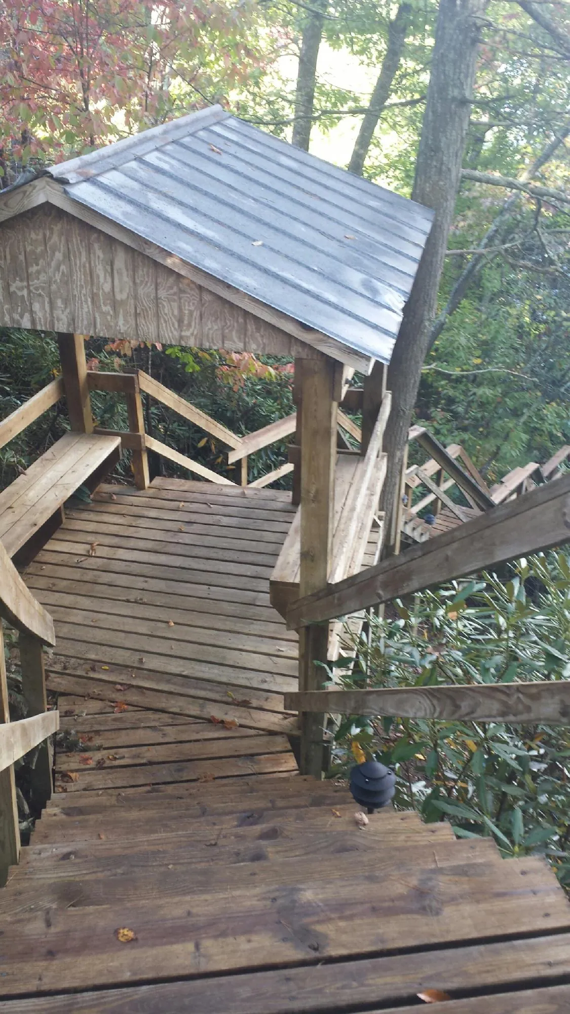 Metal roofed shelter over wooden steps on a wooded walkway — Skylight Repair & Installation work by our crew in Saint Peters